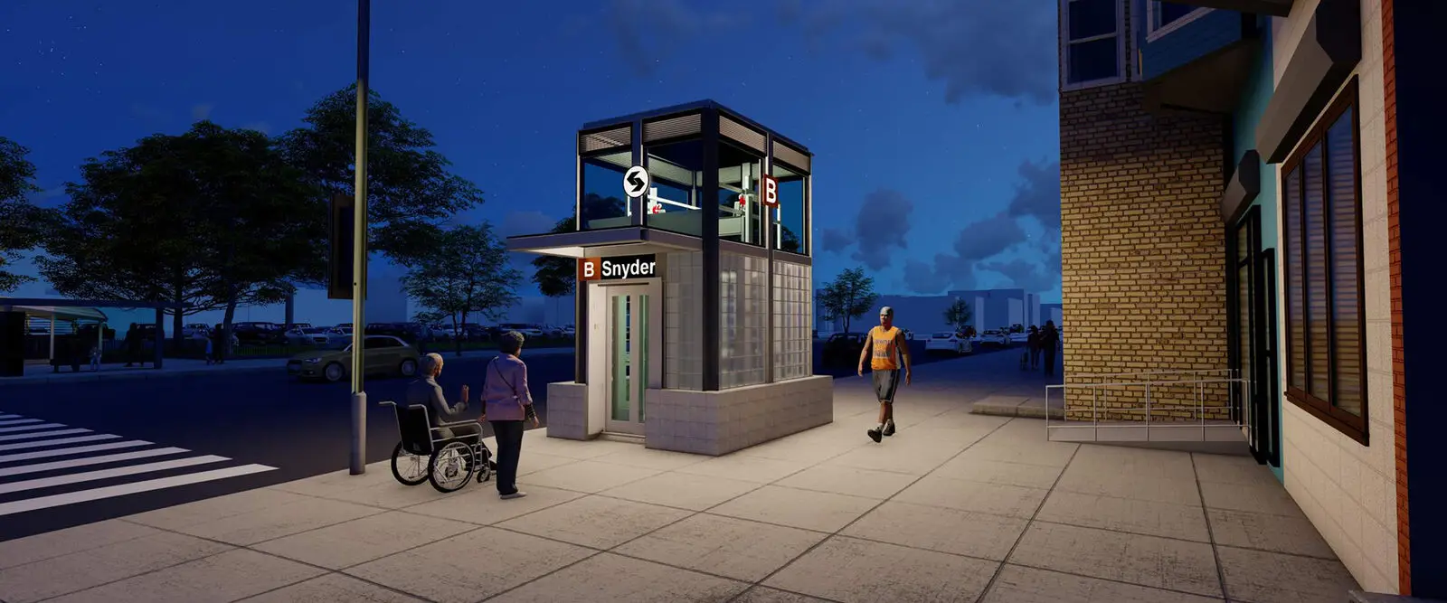 A person in a wheelchair and another approach a modern elevator entrance for Snyder subway station in Philadelphia at night, with streetlights, trees, and buildings lining the civic city sidewalk.