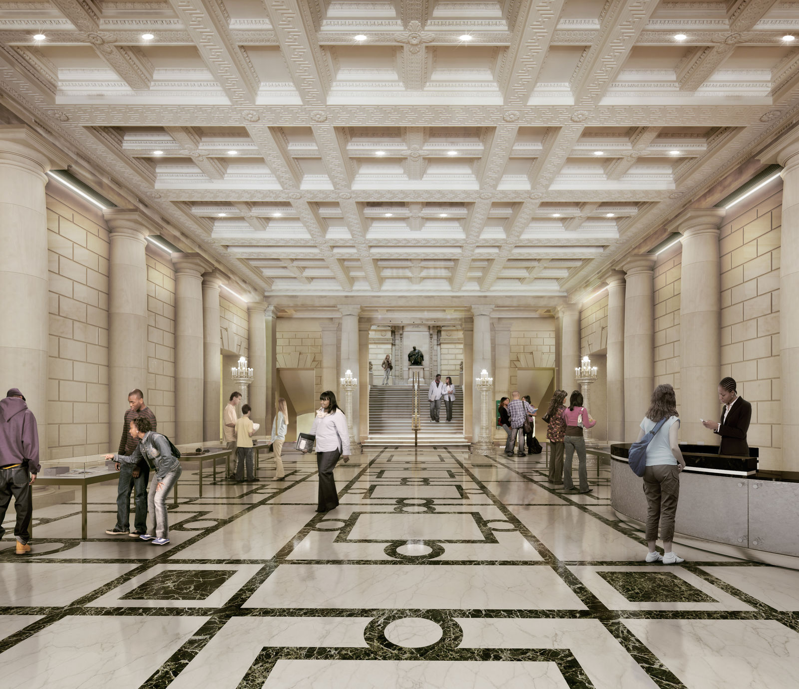 A spacious, ornate hall in Philadelphia with marble floors, high coffered ceilings, and impressive columns; people walk or gather at tables in this educational setting, while a grand staircase rises at the back of the stunning interior design.