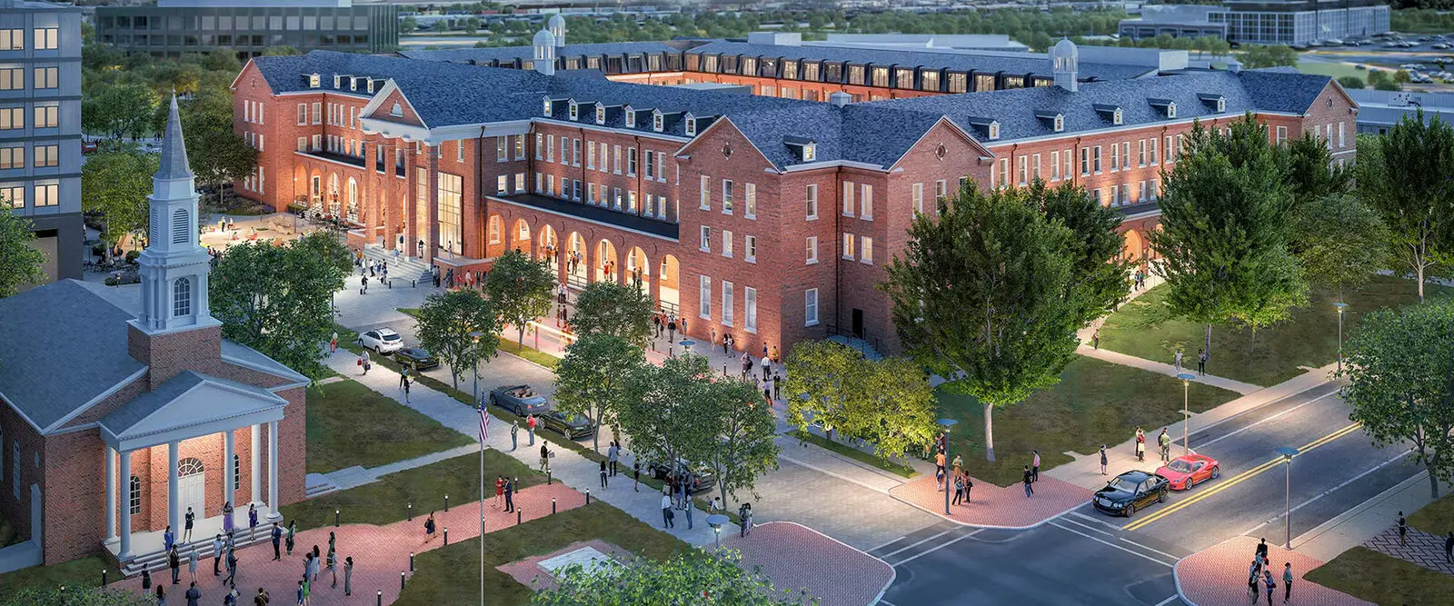 Aerial view of a large, red-brick university building with tall windows and a columned entrance, surrounded by trees, walkways, people, and a nearby church in Philadelphia at dusk—an inspiring educational and civic atmosphere.