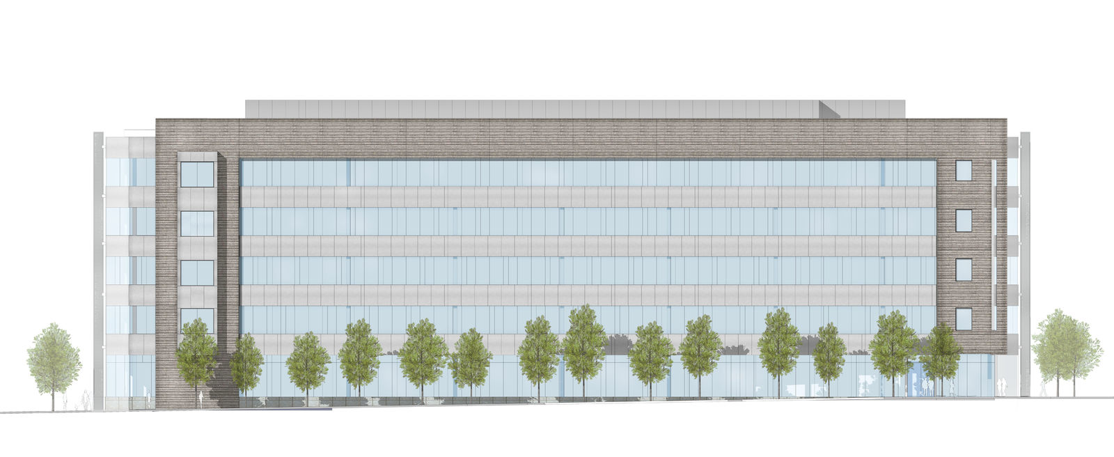 A modern five-story office building in Philadelphia with large glass windows and a brick facade, fronted by a row of evenly spaced green trees. The minimalist, symmetrical design blends contemporary style with the city’s tradition of historic preservation.