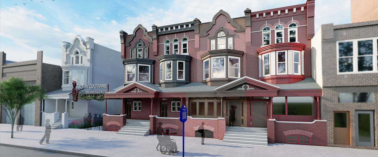 A red-brick Victorian-style row house with ornate bay windows, arched entryways, and a raised porch sits on a quiet Philadelphia street. A person in a wheelchair moves along the sidewalk in front of the civic building.