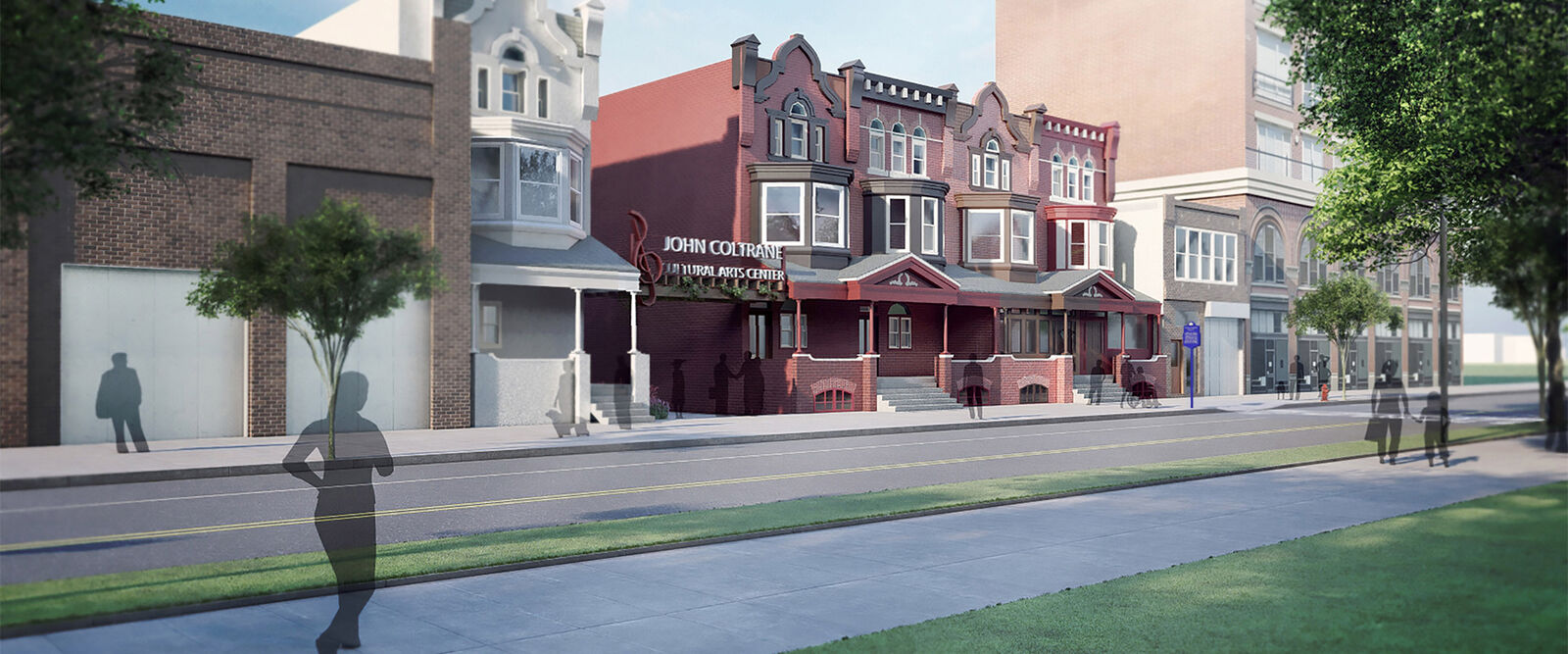 A street view shows a row of historic brick buildings, including the John Coltrane House and Cultural Arts Center, celebrated for historic preservation, with trees, wide sidewalks, and silhouettes of people walking along the road.