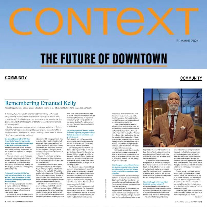 Magazine spread titled The Future of Downtown, featuring an article Remembering Emanuel Kelly—a civic leader in Philadelphia—with a portrait of an older man in a suit and bow tie on the right, and columns of text on the left.