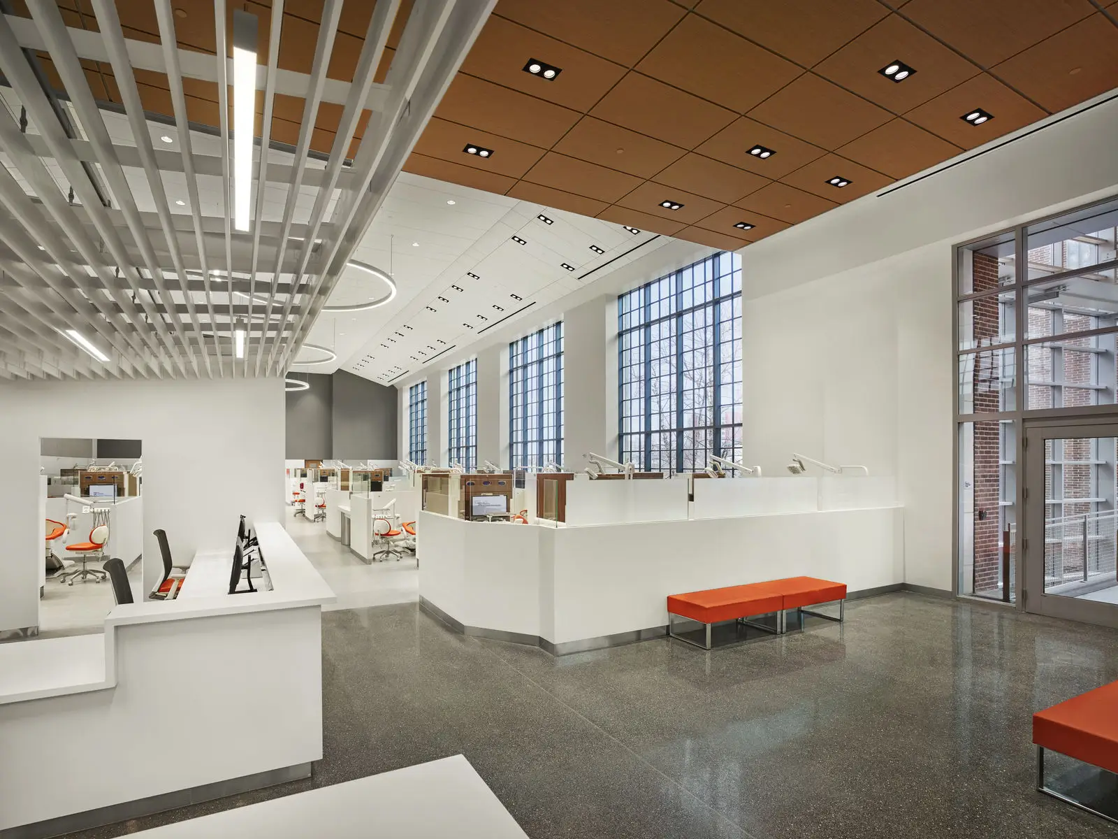 A modern, spacious office designed by a renowned architect features high ceilings, large windows, white walls, orange benches, and multiple workstations; natural light fills the bright, open area, creating an educational and inspiring environment.