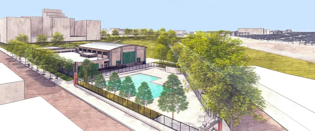 A digital architectural rendering by an architect shows a fenced community center with a pool, trees, and a modern building. Surrounding it are urban buildings, green spaces, and a large open area in the background under a clear sky.
