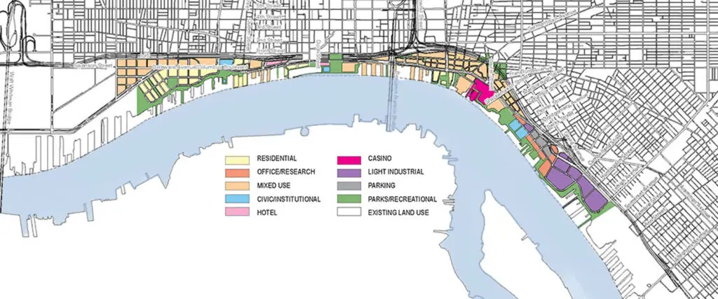 Map of a riverfront area with color-coded zoning—residential, office/research, mixed use, civic/institutional (including educational), hotel, casino, light industrial, parking, parks/recreational, and existing land use. Streets and water are shown.