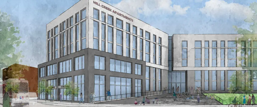 A modern, multi-story civic building in Philadelphia labeled Main Criminal and Detention, with large windows, stairs to the entrance, people walking nearby, and trees and a trolley on the left side—an architect’s vision brought to life.