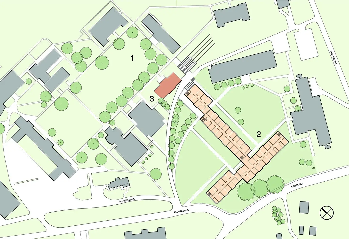 A simplified campus map with several rectangular buildings, green lawns, pathways, and labeled areas 1, 2, and 3. Trees and parking areas are scattered throughout the layout, offering inspiration for any architect interested in site planning or historic preservation.