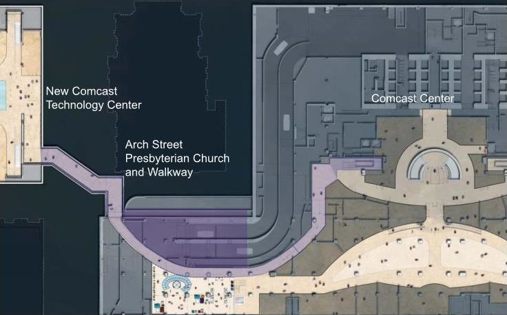 Map showing a walkway connecting the New Comcast Technology Center, Arch Street Presbyterian Church, and Comcast Center, with pathways highlighted in purple.