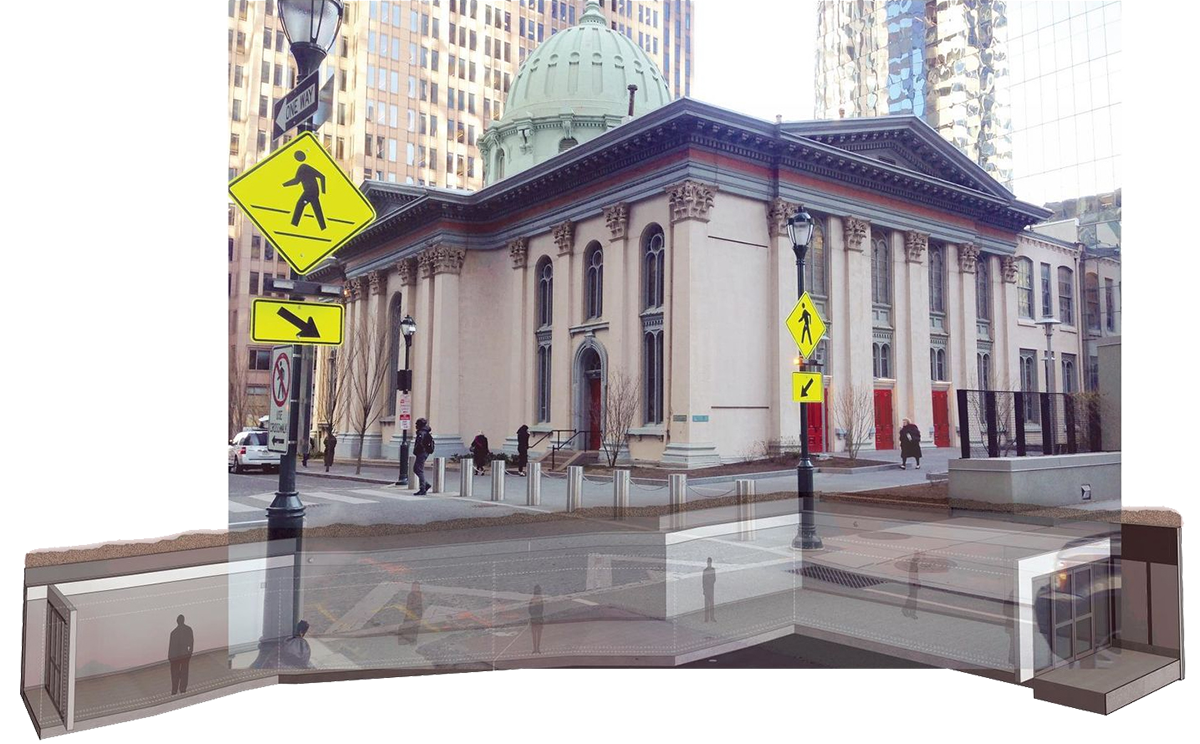 A city street with crosswalk signs and a domed historic building, overlaid with a cutaway diagram showing underground pedestrian tunnels beneath the sidewalk.