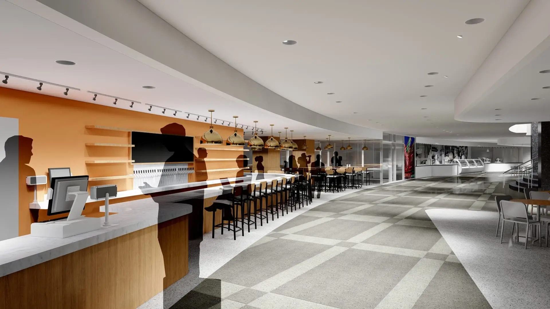 Modern, spacious cafe in Philadelphia with a curved counter, bar stools, gold hanging lights, and orange wall shelves. Several silhouettes of people stand and sit; additional seating and a gallery wall add an educational vibe to the backdrop.