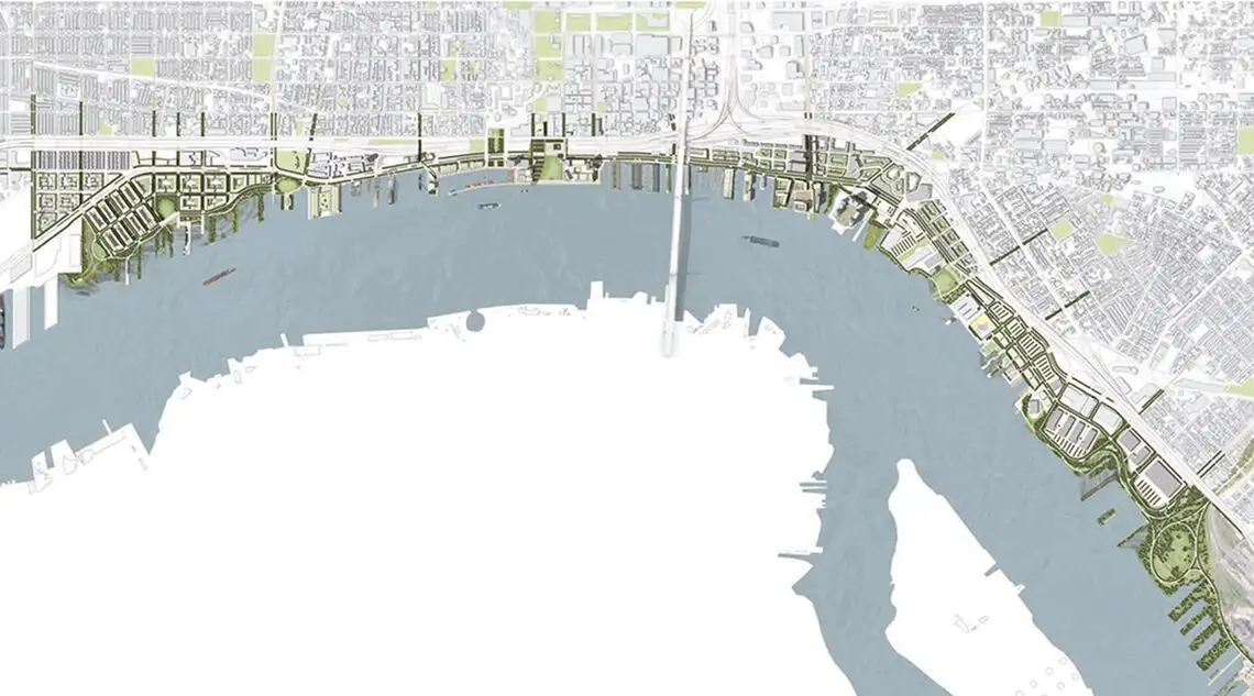 Aerial map showing an urban waterfront with various docks, piers, green spaces, and buildings along a river or bay, highlighting historic preservation efforts by architects, with a bridge crossing the water and a detailed street grid in the city above.
