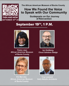 Event poster for How We Found the Voice to Speak with Our Community featuring photos of four speakers, their names, titles, and event details for September 19th at 1 PM, hosted by the African American Museum of Bucks County.