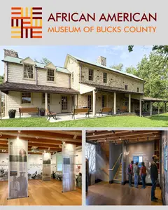 African American Museum of Bucks County logo, historic house exterior, and two images of museum exhibits with visitors inside.